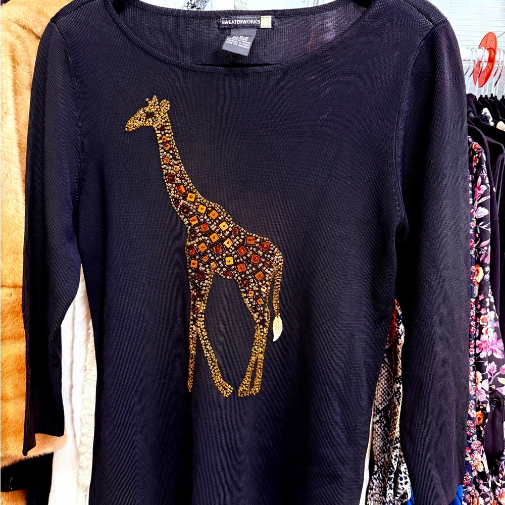 Sweaterworks Black Sweater with Beaded Giraffe